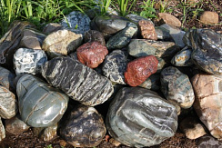 Kamenclub.ru: Ландшафтные валунчики фр.100-500 мм.  купить в Мариуполе крупный природный камень серый, темно-серый, светло-серый речной валун крупный 4800 руб/т   фото КАМЕНЬ КЛУБ