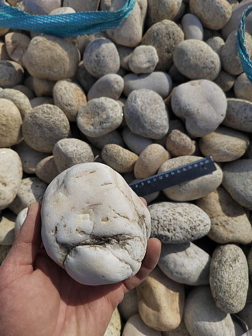 Kamenclub.ru: Галька речная окат (серо-белая) фр. 70-120 мм купить  в Мариуполе галька галечник бело-серая, серо-белая, серая, белая речная природная галька  8000 руб/т   фото КАМЕНЬ КЛУБ